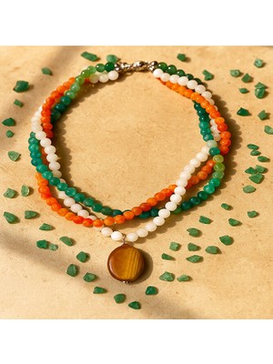 Asteria Elite Buzlu Turuncu Akik Yeşil Akik Beyaz Akik 3 Sıralı Nazar Koruması Şifa ve Pozitif Enerji Kolyesi