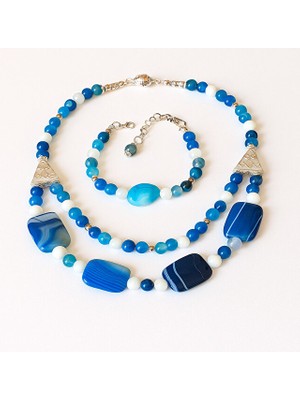 Asteria Elite Mavi Akik Kolye Bileklik Seti
