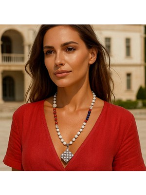 Asteria Elite Beyaz Kızıl Mavi Ceyt Jasper Uzun Huzur Bereket Özgüven Kolyesi