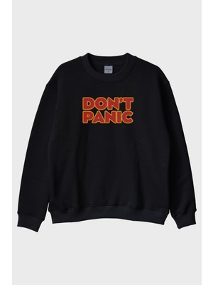 Lofux Don't Panic Baskılı Mizahi Siyah Bisiklet Yaka Sweatshirt