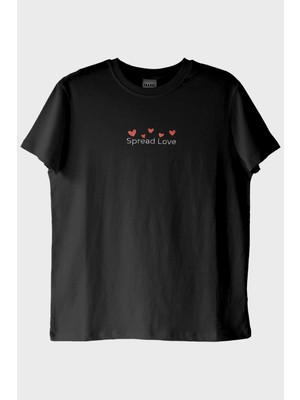 Nuugg Spread Love Yazılı Kalp Desenli Nakış Siyah T-Shirt - Sevgililer Günü Hediyesi