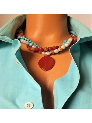 Asteria Elite Akik Turkuaz Kaplama Boncuklu Üç Sıralı Kolye