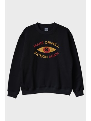 Nuugg Distopya Ilhamlı 'make Orwell Fiction Again' Minimalist Siyah Bisiklet Yaka Sweatshirt