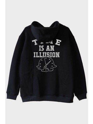 Nuugg Time Is An Illusion Baskılı Minimalist Siyah Hoodie