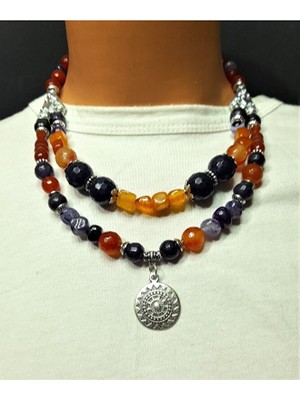 Asteria Elite Mor Turuncu Akik Ceyt Iki Sıralı Kolye