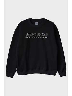 Lofux Choose Your Weapon Zar Tasarımlı Oyun Baskılı Siyah Bisiklet Yaka Sweatshirt