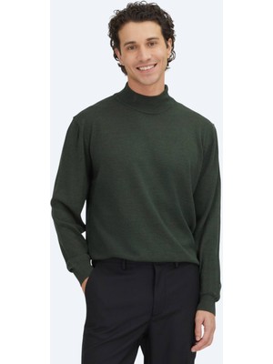 Kip Yeşil Yarım Balıkçı Yaka Düz Örgü Yün Karışımlı Triko Kazak
