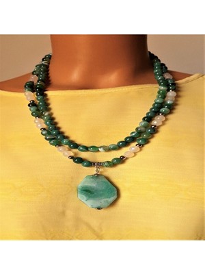 Asteria Elite Yeşil Akik Dumanlı Akik Iki Sıralı Stres ve Nazar Karşıtı Kolye