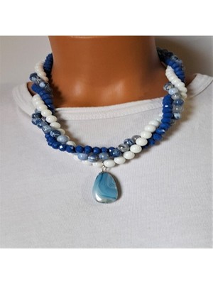 Asteria Elite Kalsedon Akik Beyaz Akik Kristal Üç Sıralı Denge Arınma ve Nazardan Korunma Kolyesi