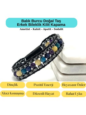 Yıldız Doğal Taş Sertifikalı Balık Burcu Disk Model Doğal Taş Erkek Bileklik Mıknatıslı Kilit