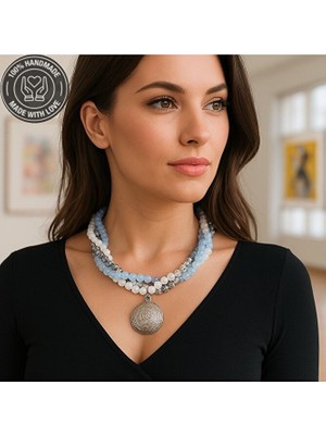 Asteria Elite Buz Mavisi Akik Beyaz Aikik Kristal 3 Sıralı Kolye