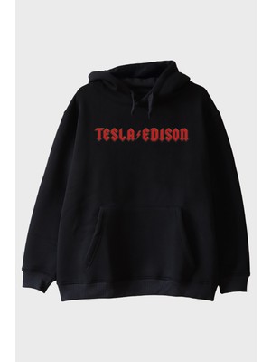 Nuugg Tesla/edıson Yıldırım Baskılı Gotik Tasarım Siyah Hoodie