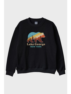 Nuugg Lake George New York Ayı Siluetli Baskılı Siyah Bisiklet Yaka Sweatshirt