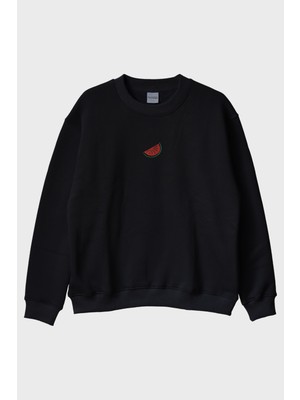 Nuugg Karpuz Desenli Siyah Nakış Bisiklet Yaka Sweatshirt