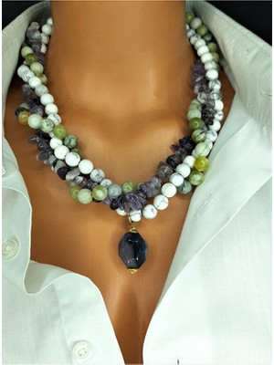 Asteria Elite Peridot Ametist Havlit Üç Sıralı Ruhsal Denge ve Huzur Kolyesi