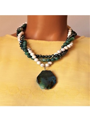 Asteria Elite Yeşil Akik Havlit Kristal Üç Sıralı Huzur Şifa ve Nazardan Korunma Kolyesi