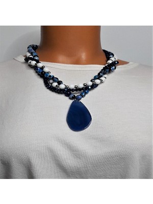 Asteria Elite Lacivert Akik Beyaz Akik Lacivert Kristal Üçlü Huzur ve Zihinsel Berraklık Kolyesi