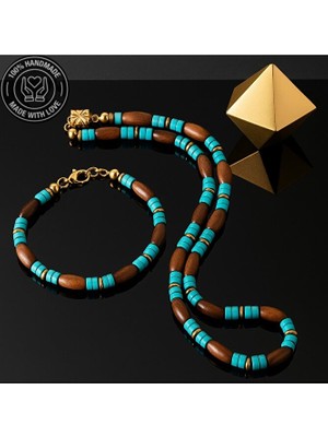 Asteria Elite Turkuaz Hematit Ahşap Iletişim, Güç ve Topraklama Kolye Bileklik Seti