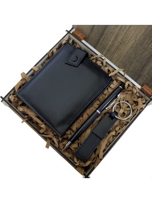 Aspartam Ahşap Deri Kutulu Siyah Renk 3'lü Hediye Seti - Kalem, Cüzdan, Anahtar