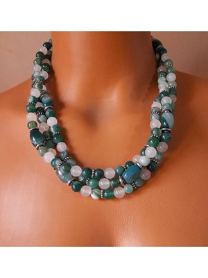 Asteria Elite Premium Serisi Yeşil Akik Dumanlı Akik Üç Sıralı Nazar Koruması Zihinsel Berraklık Mantık Kolyesi