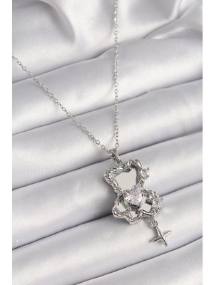 Ayder Timya 316L Çelik Gümüş Renk Ayna Ayıcık Model Zirkon Taşlı Kalp Detay Kadın Kolye - TJ-BKO9627 TG/TMYA1395 218804