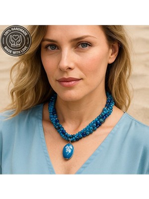 Asteria Elite Mavi Akik Mavi Jasper Mavi Kristal Üç Sıralı Tutku, Nazardan Koruma ve Enerji Kolyesi