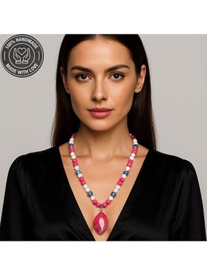 Asteria Elite Pembe Akik Beyaz Akik Kalsedon Akik Uzun Kolye