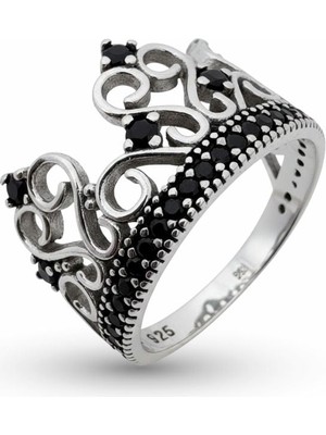 Oya Silver Siyah Zirkon Taşlı Kraliçe Tacı Gümüş Yüzük [OYSY125]