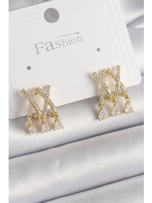 Ayder Timya Pirinç Gold Renk Zirkon Taşlı X Model Sallantı Detay Kadın Küpe - TJ-BKP9872 TG/Tmya1395 218842