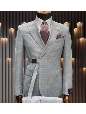 İlayda Emir Kırlangıç Yaka, Premıum Kemerli, Slim Fit, 6 Drop, Erkek Takım Elbise, Gri