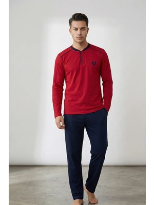 EQru Premium Süprem Penye Henley Yaka Bordo Lacivert Erkek Pijama Takımı