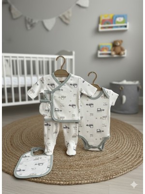 Yenidoğan 7'li Iş Makinesi Desenli Battaniyeli Hastane Çıkışı Zıbın Seti