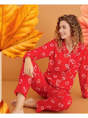Süet Kumaş Uzun Kollu Kalp Desenli Kadın Pijama Takım