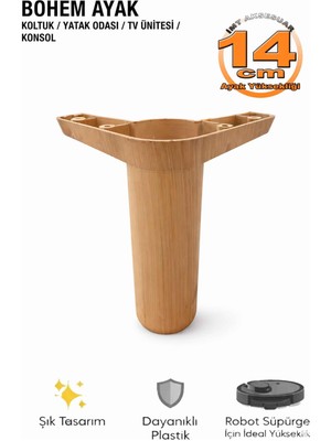 İmt Aksesuar Bohem 14 cm Açık Ceviz Mobilya Ayağı Robot Süpürgeye Uyumlu Koltuk Dolap Tv Ünitesi Konsol Ayağı