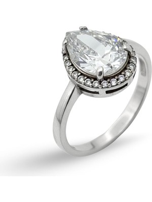 Oya Silver Zirkon Taşlı Damla Formlu Kadın Gümüş Yüzük [OYSY117]