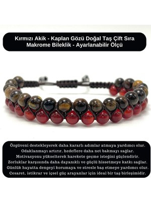Yıldız Doğal Taş Sertifikalı Kırmızı Akik - Kaplan Gözü Doğal Taş Çift Sıra Makrome Bileklik