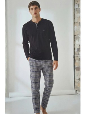 EQru Premium Süprem Penye Henley Yaka Gri Lacivert Erkek Pijama Takımı