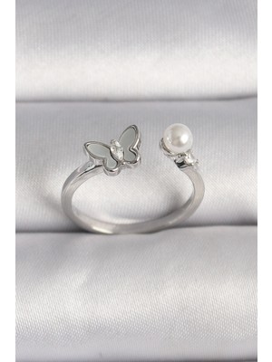 Ayder Timya Pirinç Gümüş Renk Zirkon Taş Detaylı Beyaz Mineli Kelebek Figür Inci Detay Ayarlanabilir Yüzük - TJ-BYK3524 TG/TMYA1395 219114