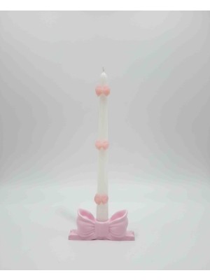 Yo&Ma Dekoratif Fiyonk Detaylı Pembe Şamdan Mum & Beyaz Şamdanlık Seti