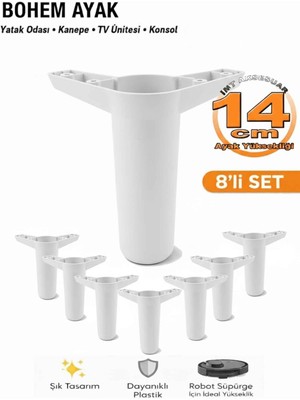İmt Aksesuar Bohem 14 cm Beyaz 8 Adet Mobilya Ayağı Robot Süpürgeye Uyumlu Koltuk Dolap Tv Ünitesi Konsol Ayağı