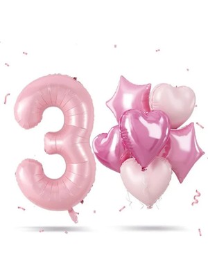 Pembe Renk Kalp ve Rakam Folyo Parti Balon Set