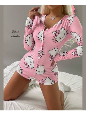 Intive Lingerie Intive Comfort Önü Düğmeli Şortlu Hello Kitty Desen Detaylı Şirin Tulum Gecelik