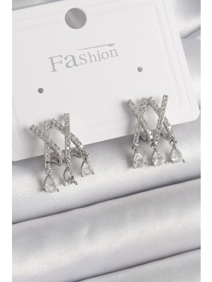 Ayder Timya Pirinç Gümüş Renk Zirkon Taşlı X Model Sallantı Detay Kadın Küpe - TJ-BKP9873 TG/Tmya1395 218843