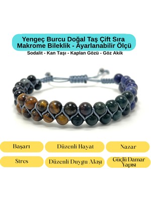 Yıldız Doğal Taş Sertifikalı Yengeç Burcu Doğal Taş Çift Sıra Makrome Bileklik
