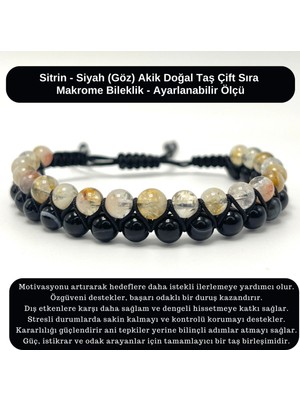 Yıldız Doğal Taş Sertifikalı Sitrin - Siyah Göz Akik Doğal Taş Çift Sıra Makrome Bileklik
