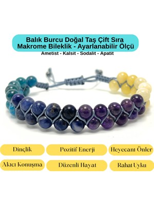 Yıldız Doğal Taş Sertifikalı Balık Burcu Doğal Taş Çift Sıra Makrome Bileklik