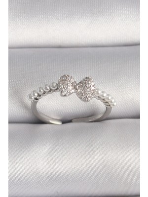 Ayder Timya Pirinç Gümüş Renk Zirkon Taşlı Fiyonk İnci Detay Ayarlanabilir Yüzük - TJ-BYK3526 TG/Tmya1395 219116