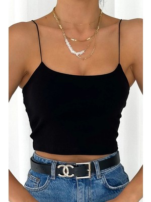 Boubon Co Siyah Kadın Crop Büstiyer Pamuk-Likra Açık Yaka Askılı Tasarım