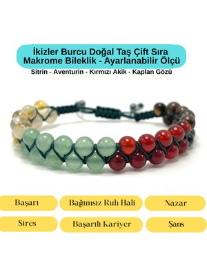 Yıldız Doğal Taş Sertifikalı Ikizler Burcu Doğal Taş Çift Sıra Makrome Bileklik