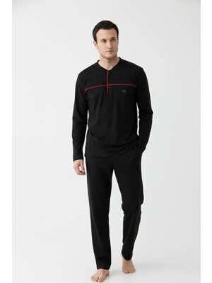 EQru Premium Süprem Penye Henley Yaka Lacivert Erkek Pijama Takımı